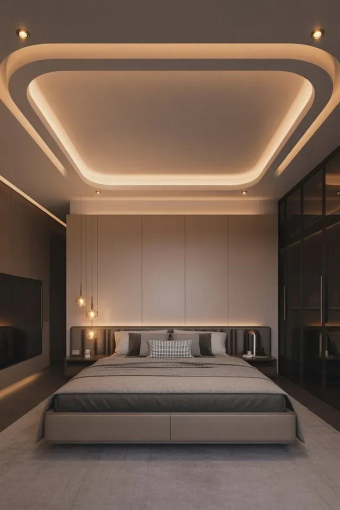 Design concept: bedroom with a lit cove ceiling, panelled bed wall and glass wardrobe