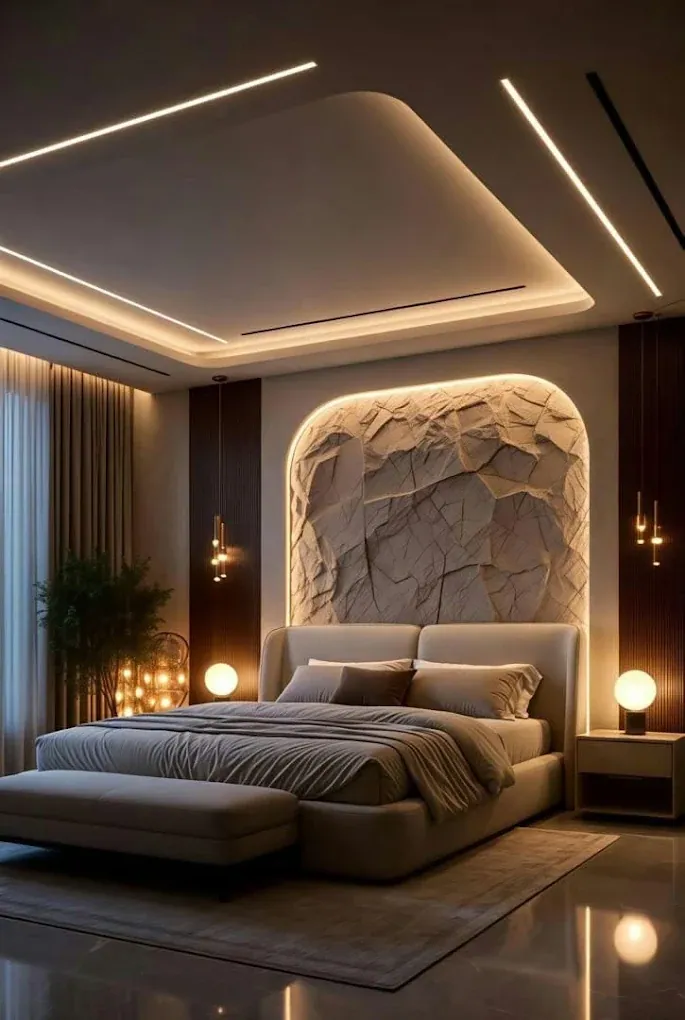 Design concept: bedroom with a backlit stone-textured headboard wall and linear ceiling lights