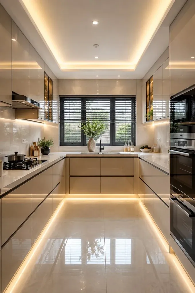 Design concept: parallel kitchen in cream gloss with plinth lighting, built-in ovens and a window at the end