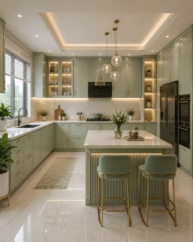 Design concept: sage kitchen with marble island and lit glass cabinets