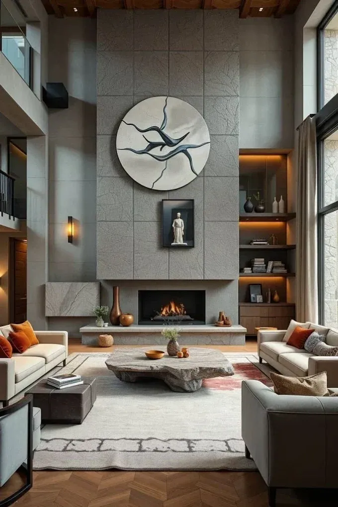Design concept: tall textured stone wall with a fireplace and round artwork, slab-stone coffee table and lit shelving