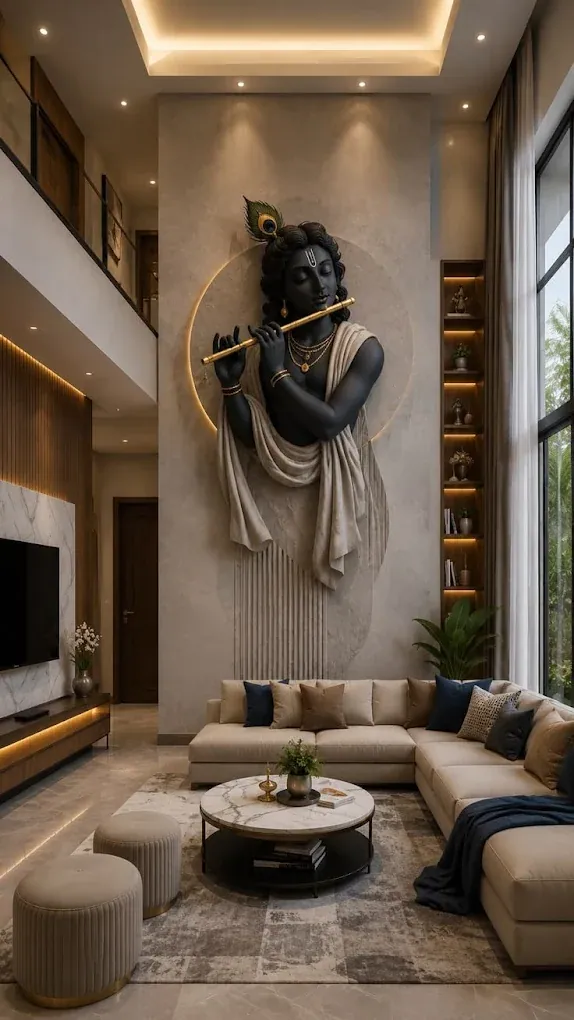 Design concept: double-height living room with a sculpted Krishna relief framed by a backlit ring