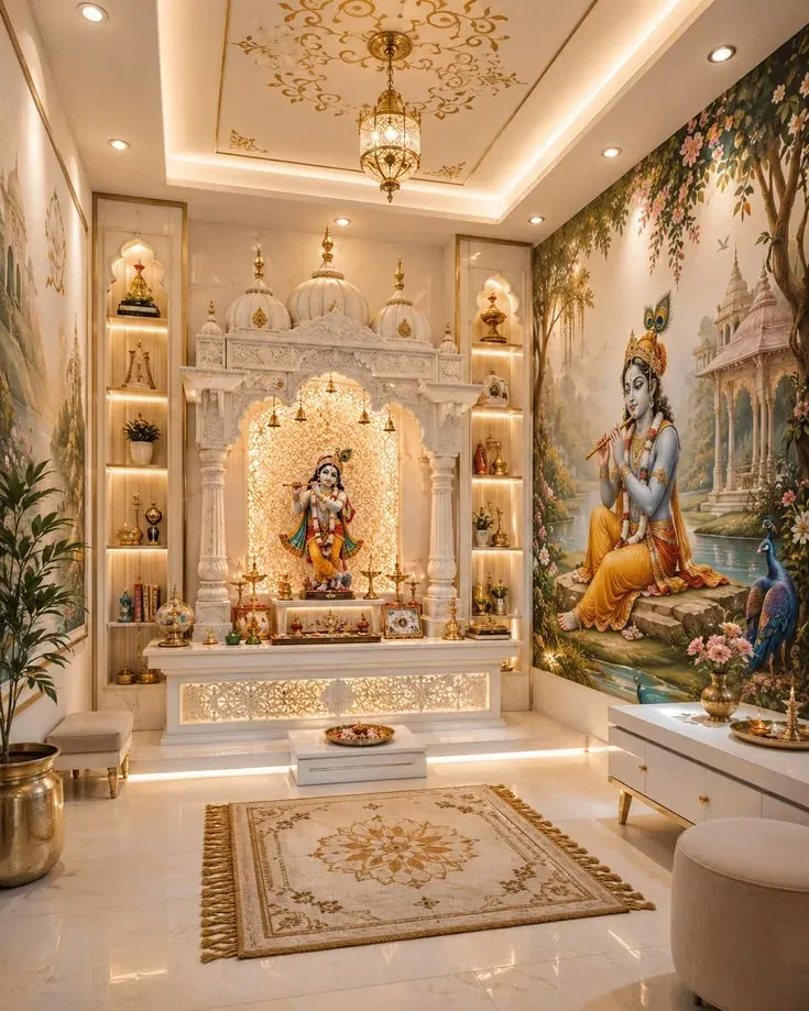 Design concept: pooja room with a white carved mandir and a painted Krishna mural wall